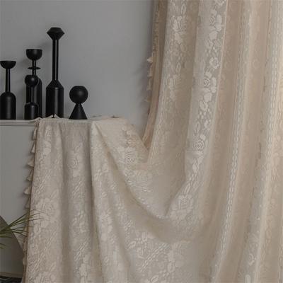 Bohem Tığ İşi Dantel Perdeler - Bej Gül Motifli Şeffaf Dökümlü Kumaşlar Çiftlik Evi Oturma Odaları ve Çıkma Pencereler için El Yapımı Paneller Vintage Püskül Kenarlı