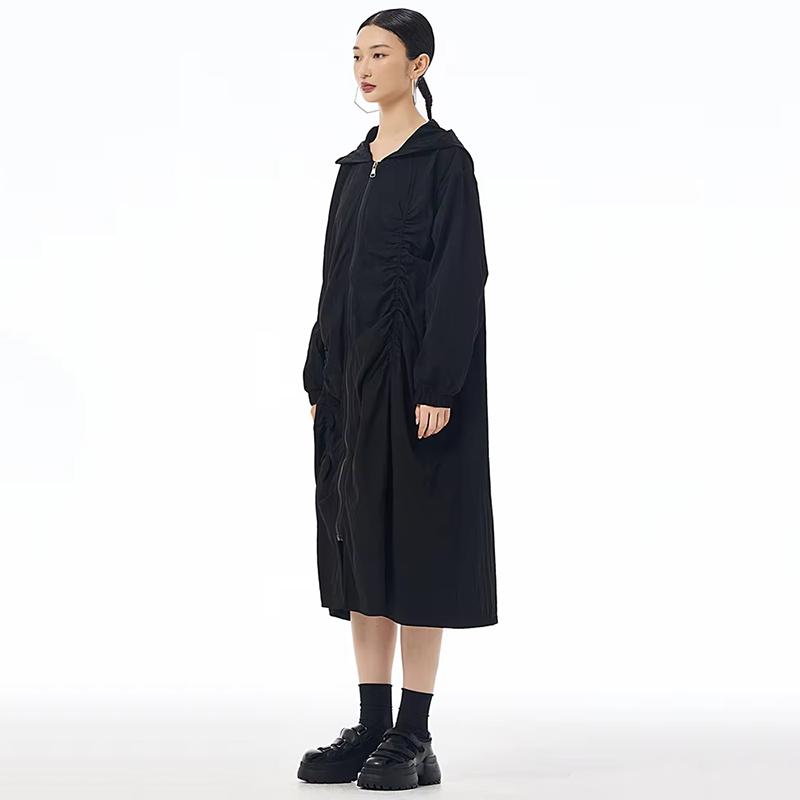 Xitao Pleated Zipper Hooded Full Sleeve Dress HQQ2440