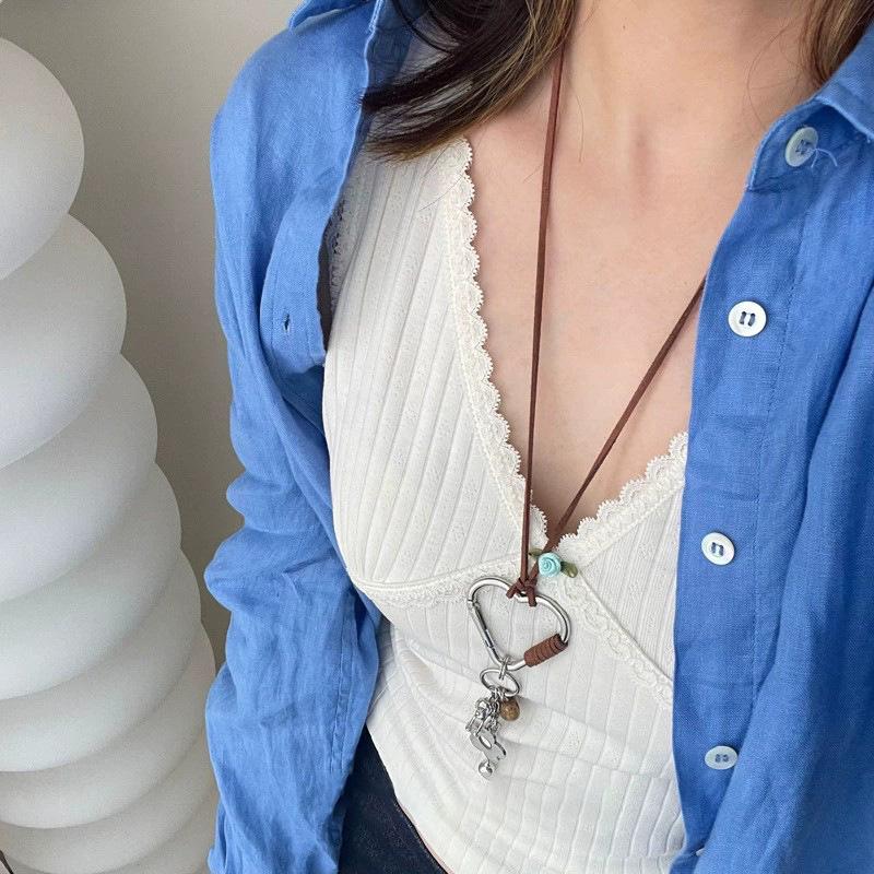 Heart Flower Cotton Rope Necklace - Natural Stone Pendant, Sweater Chain, Light Luxury Design, Versatile Neckwear