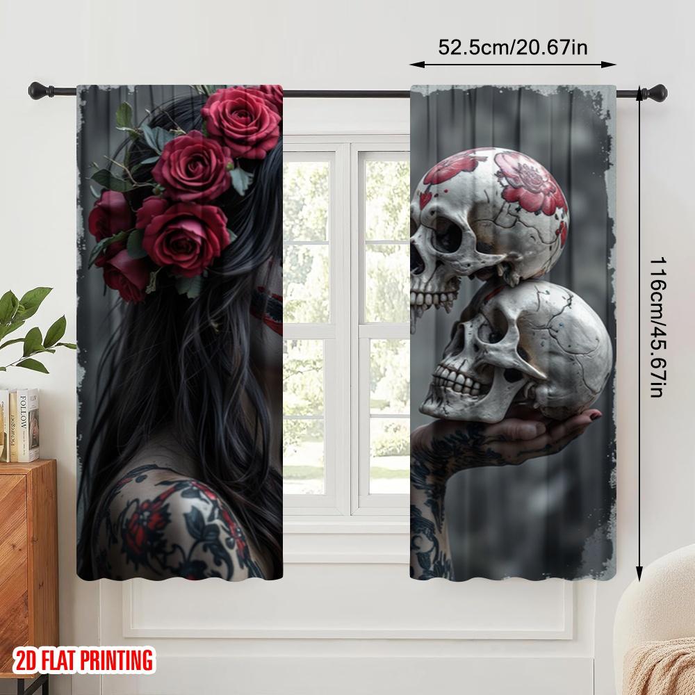 2pcs,2D Plane Printing Curtains Digital Printed Gothic Roses Skulls Durable 100% Polyester Fabric (without Rod) Versatile All