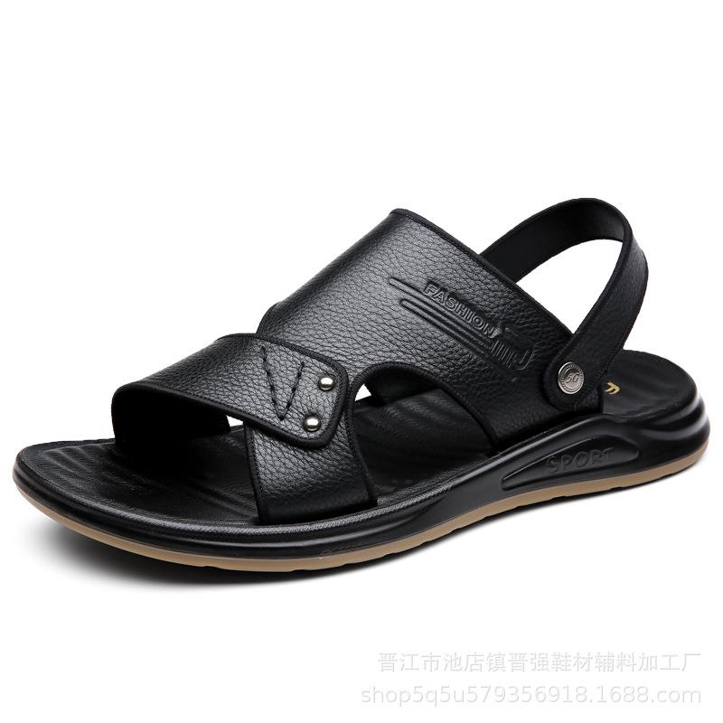 

Летние новые пляжные шлепанцы, уличные сандалии на толстой подошве из первого слоя коровьей кожи, дышащие, модные, универсальные шлепанцы 38 чёрный