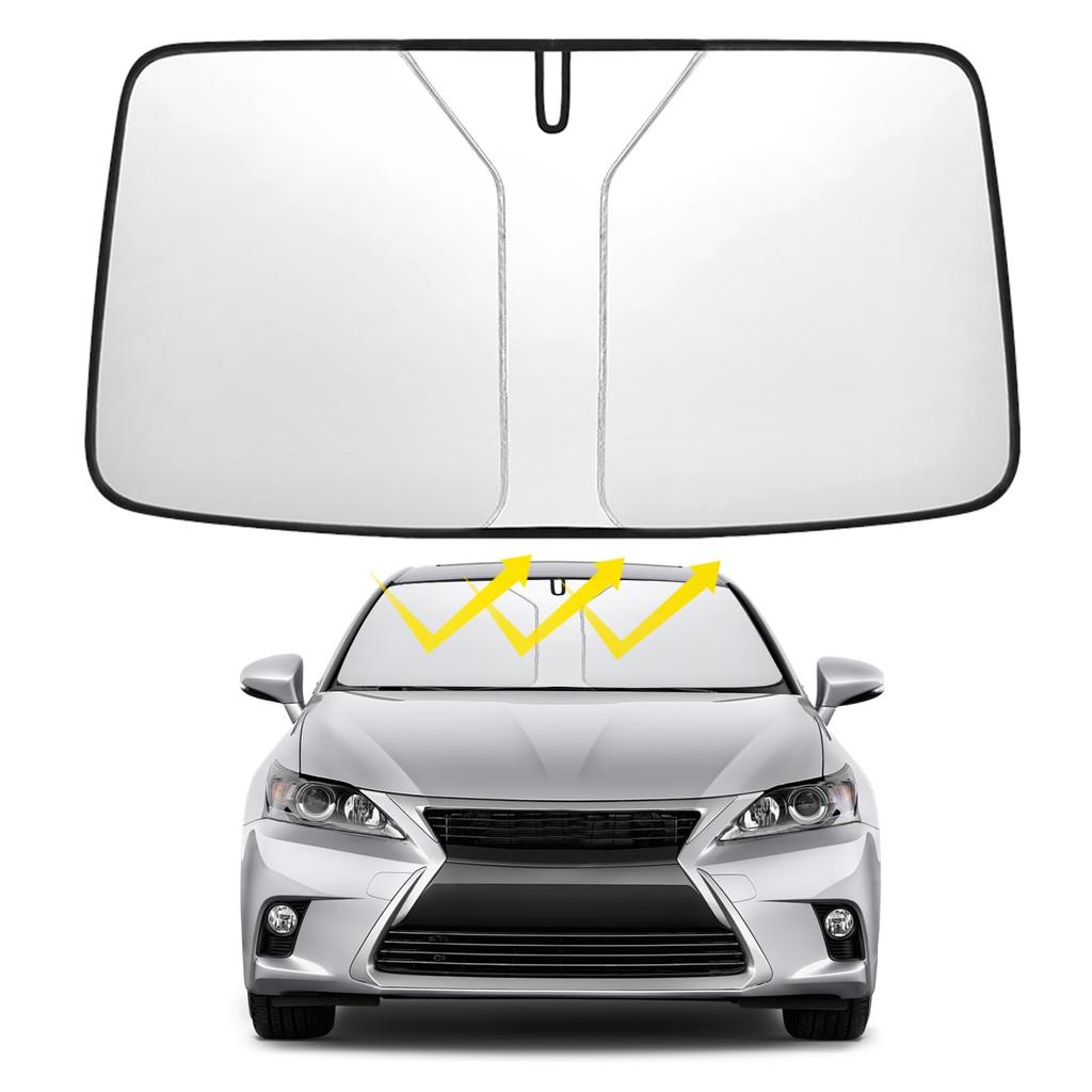 IUSOT Folding Car Front Sunshade with Light Easy No Suction Cups or Dashboard Sunshade for Includes Storage Rearview Mirror Light Heat UV Car Sunshade