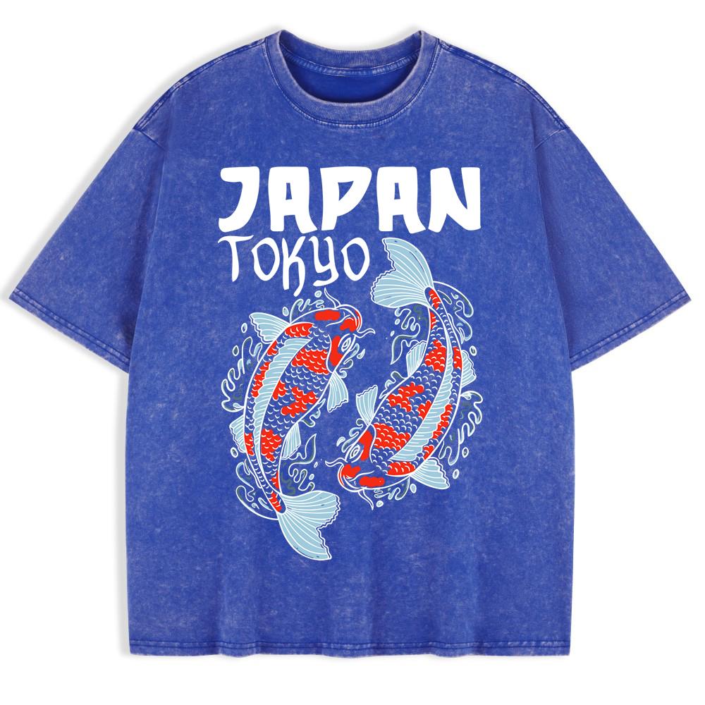Japanese Koi Harajuku Printed Washed T-Shirts Mens Cotton Short Sleeve Tops Summer O-Neck Oversized T Shirt Clothes