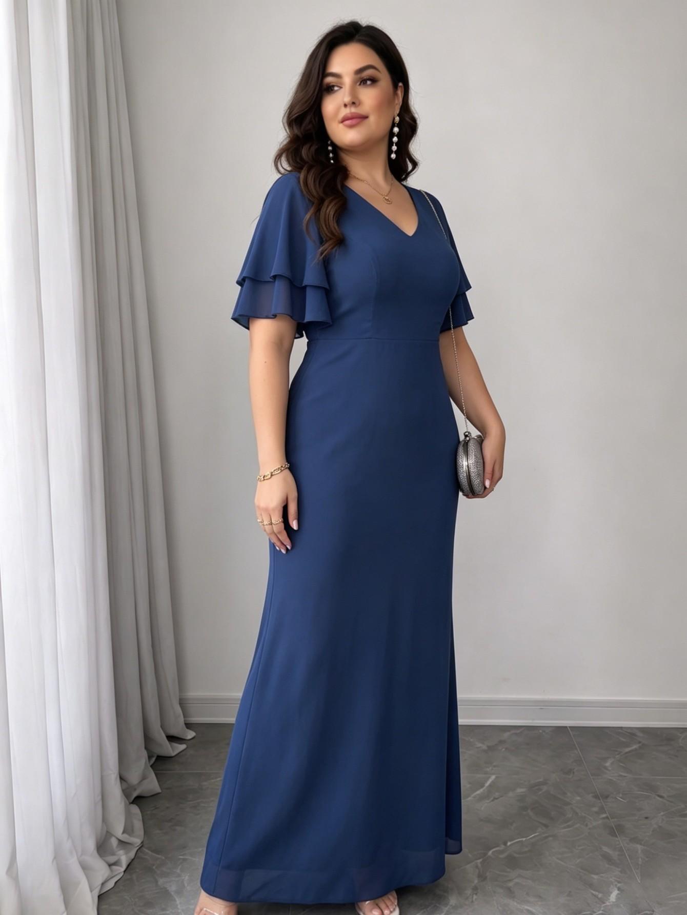 

European and American style large size navy blue chiffon long dress V-neck lotus leaf sleeve waist fish tail design, e-commerce stable goods 0XL синий