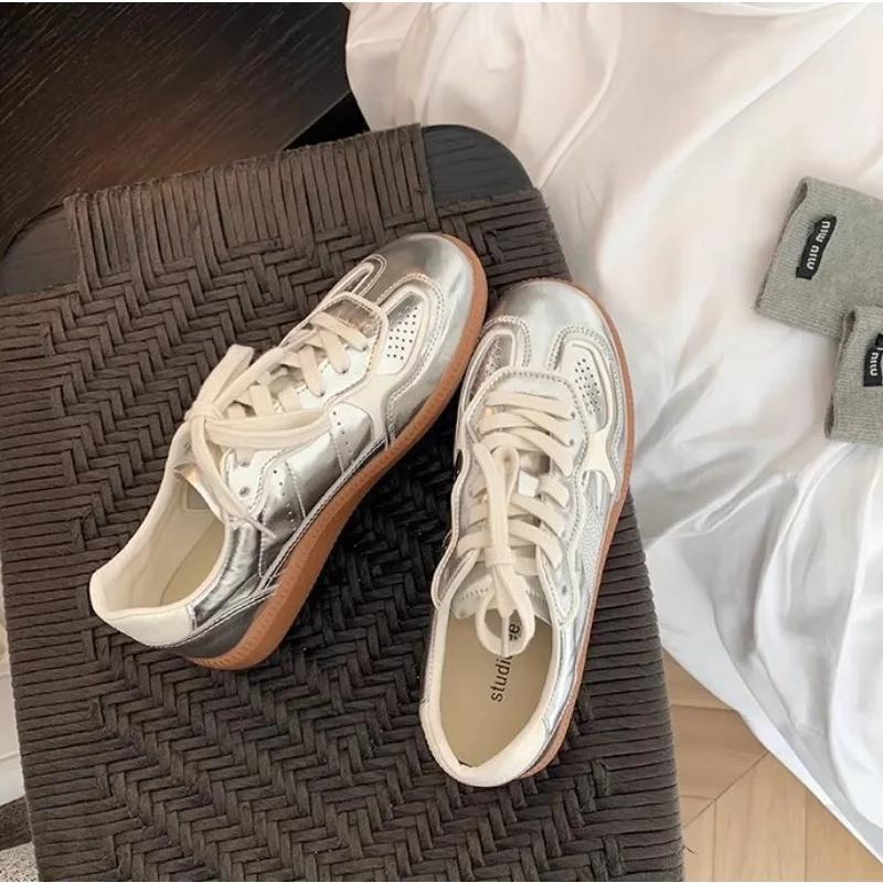 Damen Outdoor Silber Jogging-Sneakers Lässig Skateboard Flats Laufschuhe Schnürung Elastisch Tennis Sportschuhe
