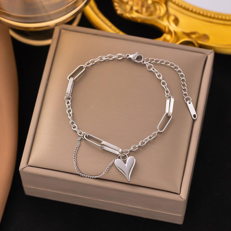 Gold Tone Layered Heart Charm Bracelet – Stainless Steel Paperclip Chain Bracelet, Adjustable Love Jewelry for Women Party Daily Wear