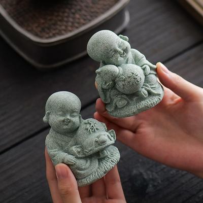 Grüner Sandstein Fu Lu Shou Kleiner Mönch Skulpturen und Figuren Niedlich Haus Zimmer Büro Reichtum Glück Feng Shui Dekor Statuette