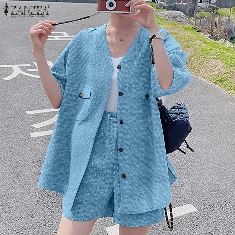 

ZANZEA Women Short Sleeve Blouse and Shorts Summer Two Piece Suit Sets S темно-синього кольору