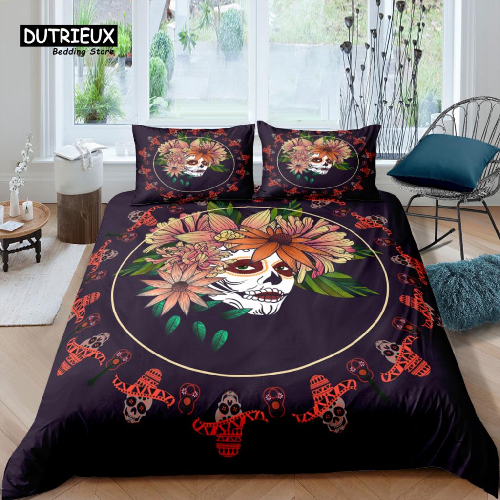 Home Living Luxury 3D Skull Girl Bedding Set Flower Duvet Cover Pillowcase Queen And King Eu/Us/Au/Uk Size Comforter Bedding