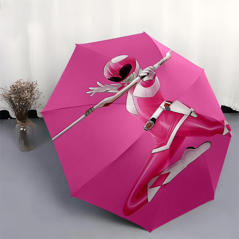 Pink Ranger Inspired Automatic Opening/Closing Umbrella with 3-Fold Design and Iron Frame - Perfect for Fans, Travelers, and Daily Use010445