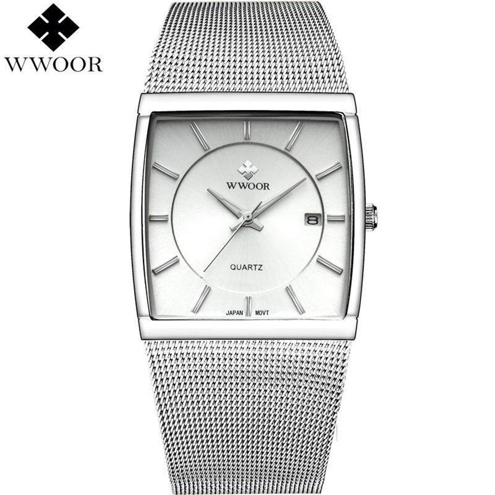 Top Brand WWOOR Quartz Watch Men Square Waterproof Business Men's Watches Luxury Black Steel Strap Sport Wrist Watch