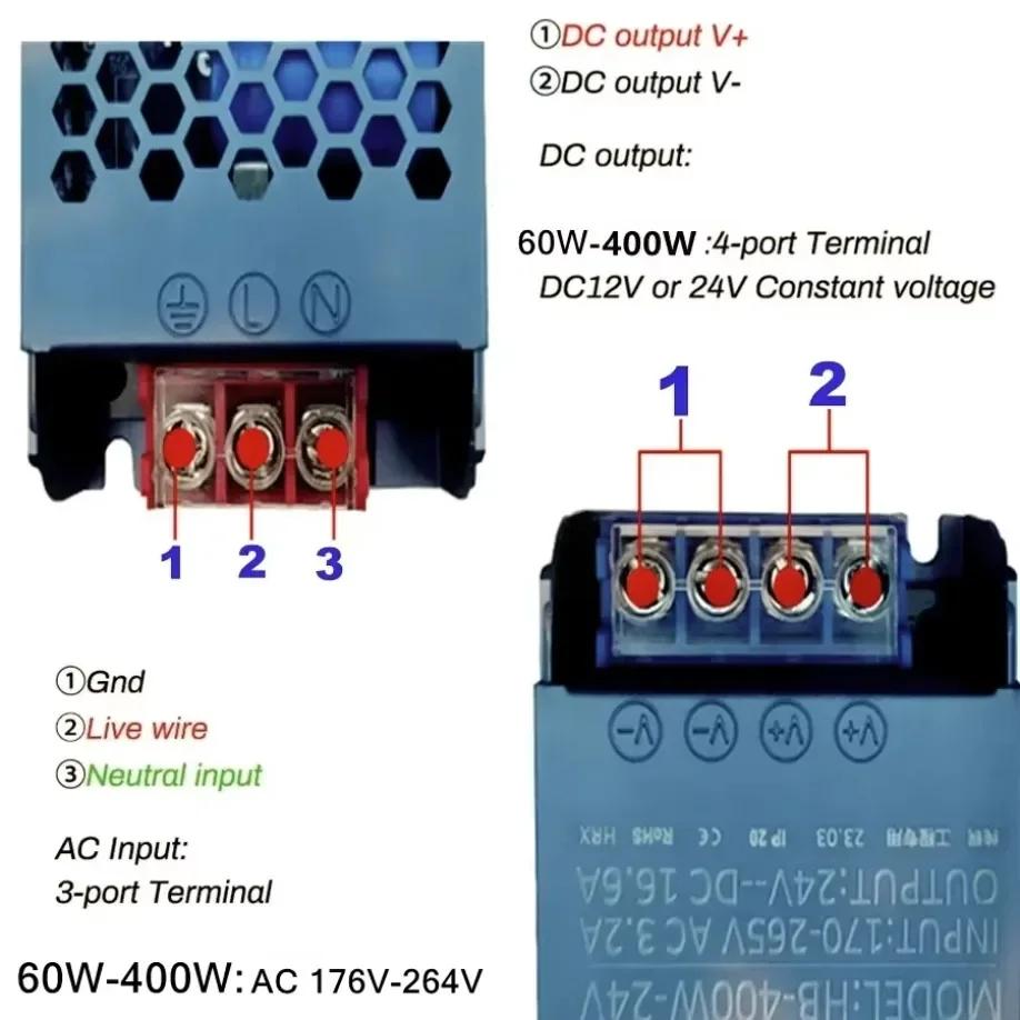 Zasilacz Adapter Transformator Oświetleniowy DC12V/24V 5A 12A Ultracienki Przełącznik Sterownik Taśmy LED Lampy 60W 100W 200W 300W 400W
