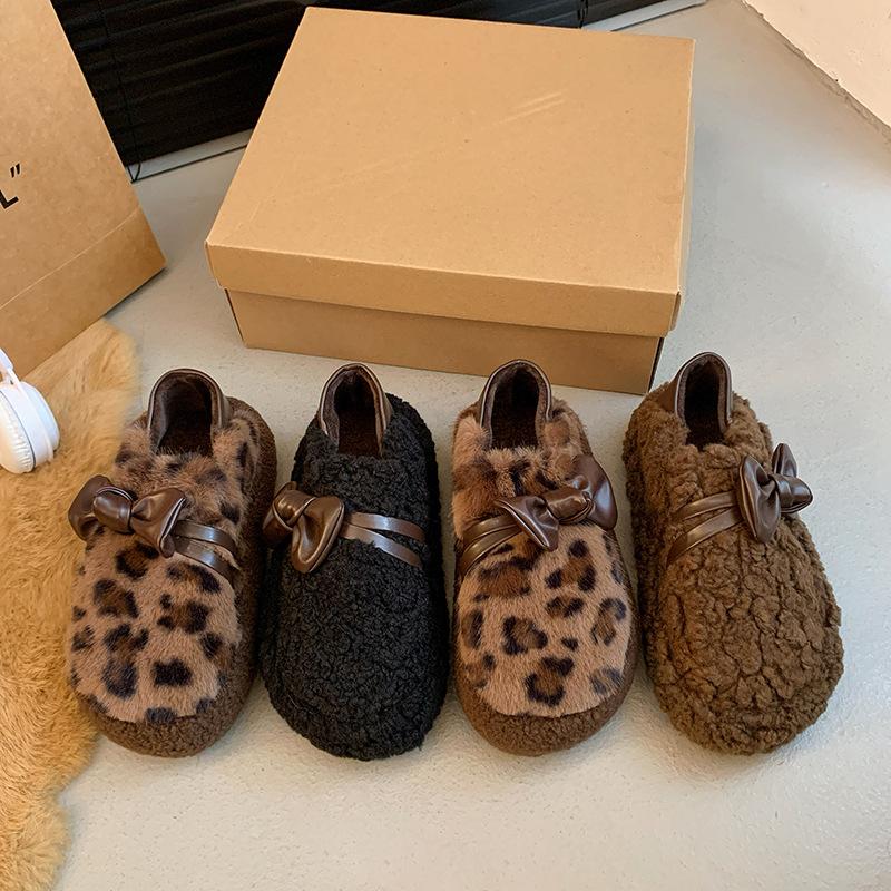 2024 Autumn and Winter New Female Cashmere Fashion Bow Hair Shoes Casual Thick Sole Cotton Shoes