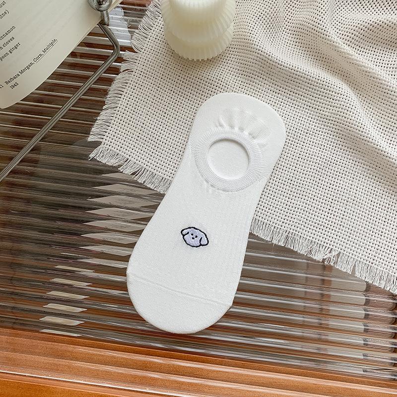 Cartoon Embroidered Puppy Socks for Women, Summer Thin, Shallow Boat Socks, Silicone Anti-slip, No Heel Drop, Boneless Invisible Socks