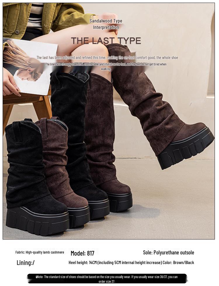 2025 Autumn/Winter Women's Ruched Suede High-Top Boots with Thick Soles and Hidden Height Increase