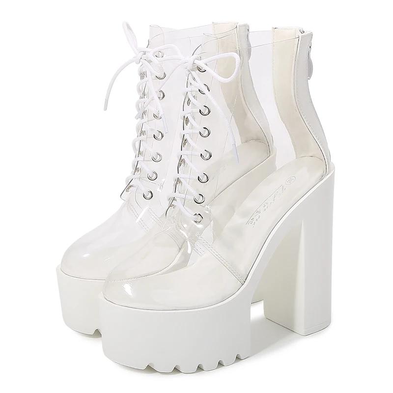 

Fashion Women s Thick Platform Pvc Ankle Boots Square Chunky High Heels White Round Toe Female Shoes Concise Modern Casual Office 34