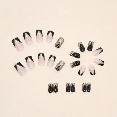 24Pcs Removable Wearable Fake Nails Multi-sized Glitter Effect Artificial Finger Manicure Full Cover French Tip Press On Nails Nail Salon Supplies
