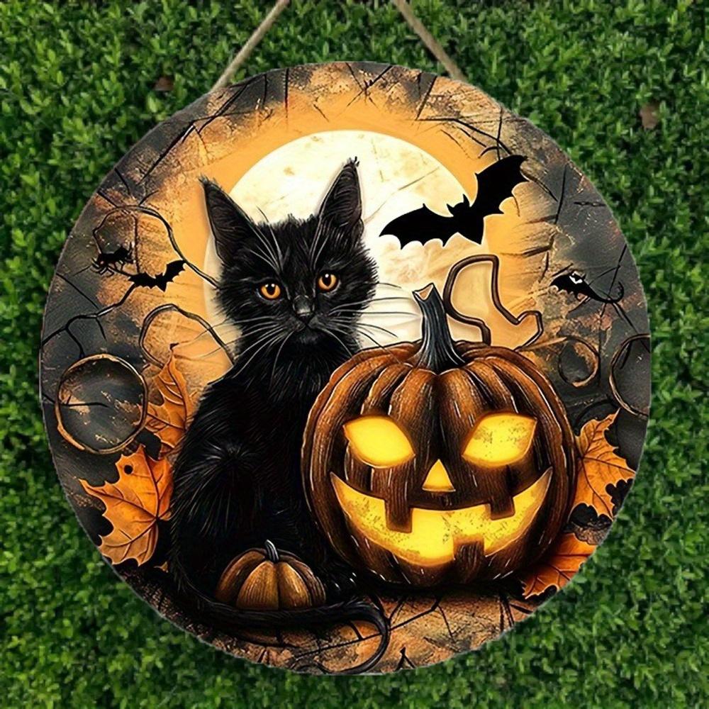 2d Flat 20*20cm, Halloween Home Decoration, Pumpkin Black Cat Wooden Circular Logo, for Home, Kitchen, Garden, Bedroom, Bar Decor.