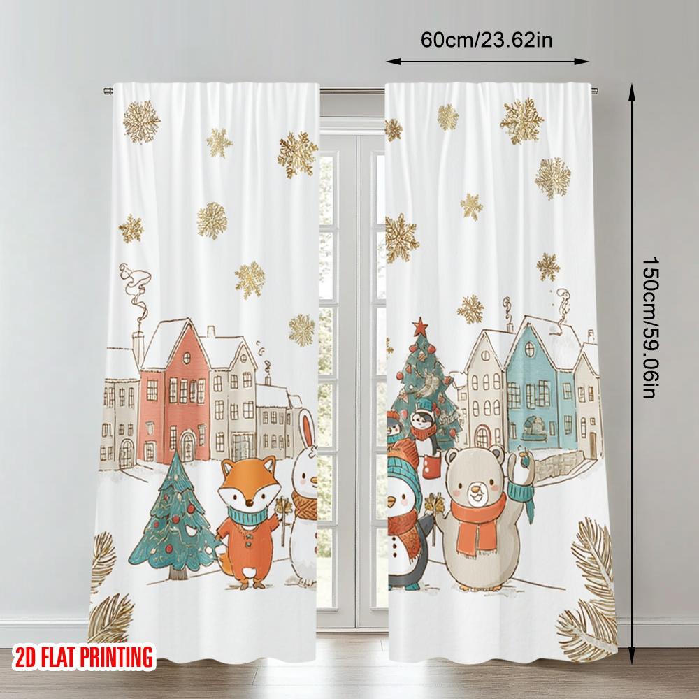 2pcs 2D Flat Printing Merry Christmas Curtains Cute Cartoon Animals Winter Holiday Digital Printed Polyester Drapes Family Party