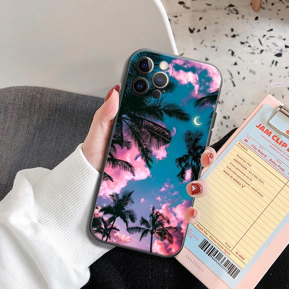 Phone Case for iPhone 11 12 13 Pro 2022 7 8 SE XR XS Max 5 5s 6 6s Plus Case Soft Silicone Cover Summer Talls Sea Palm Trees