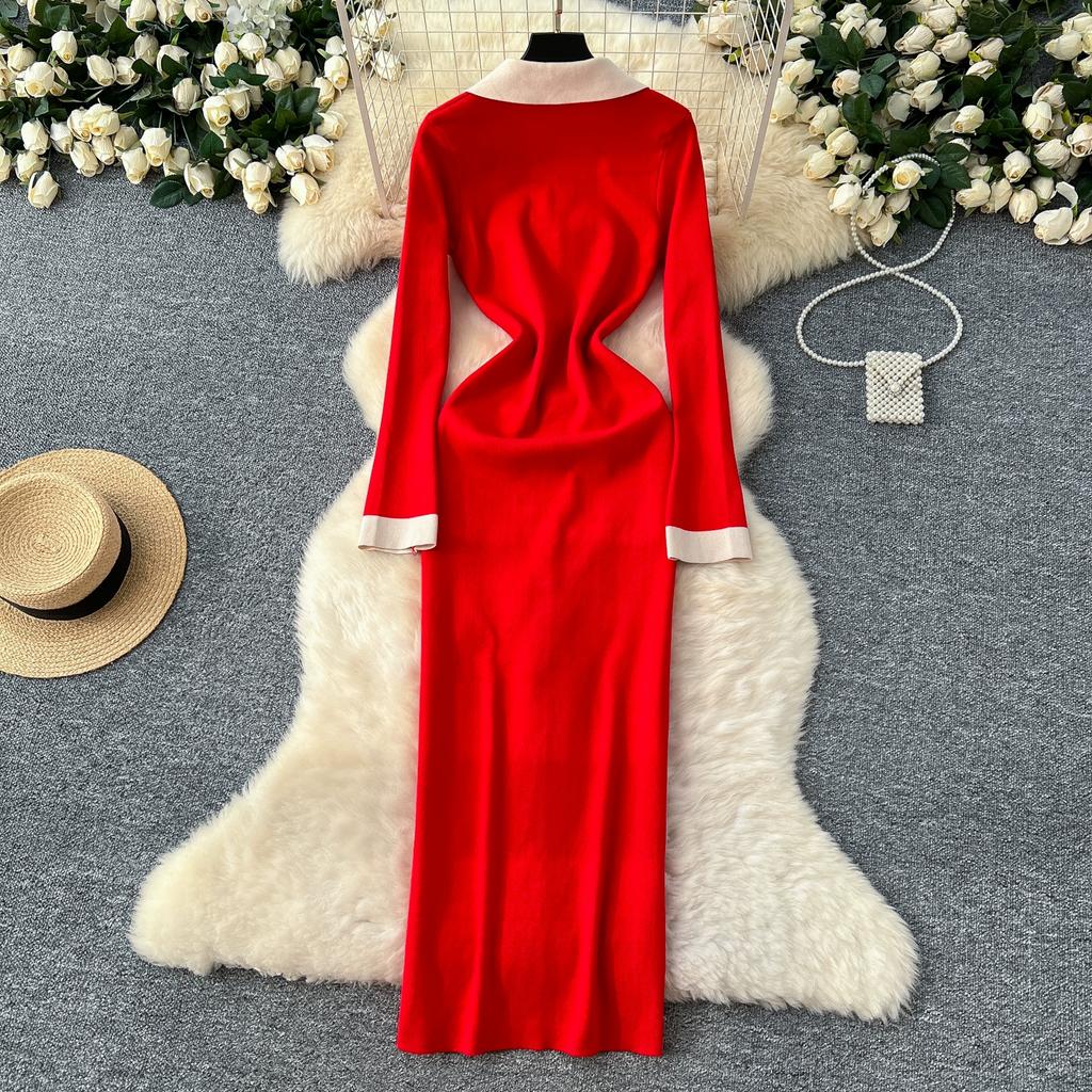 Autumn Winter Women Elegant Color Blocking Single Breasted Knitted Sweater Long Maxi Slim Bodycon Party Dresses