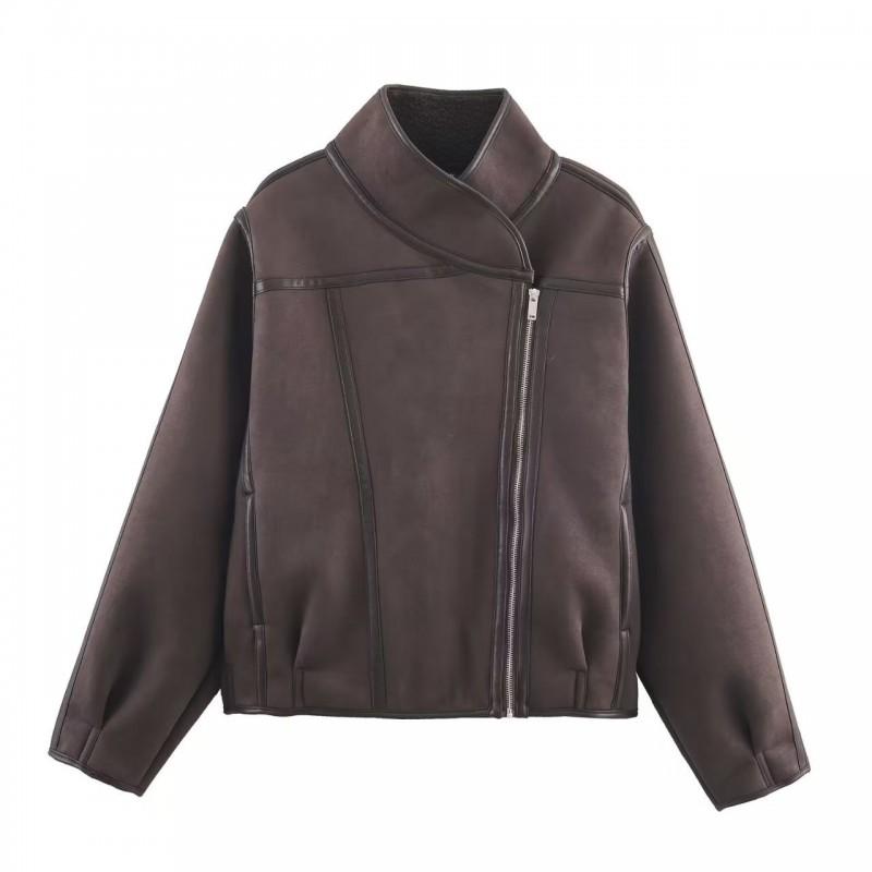 Womens Trendy Patchwork Stand Collar Reversible Loose Jacket Coat