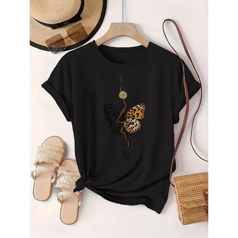 

European sizes Butterfly Print Crew Neck T-Shirt, Casual Short Sleeve T-Shirt For Spring & Summer, Women s Plus Size Clothing 4XL