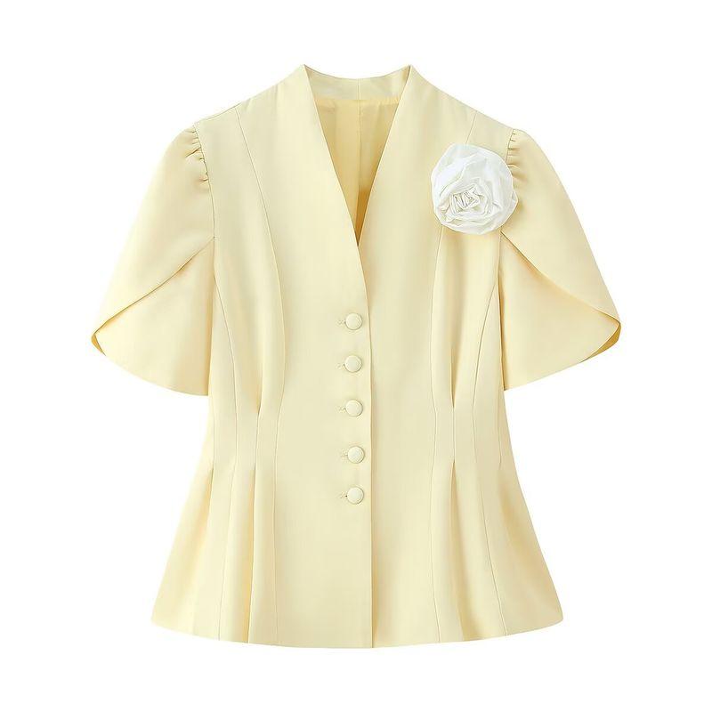 

Zbzr Spring New Women clothes Western Style Fashion Temperament Slimming Handmade Flowers Waist Hugging Short sleeve Suit Top Yellow L