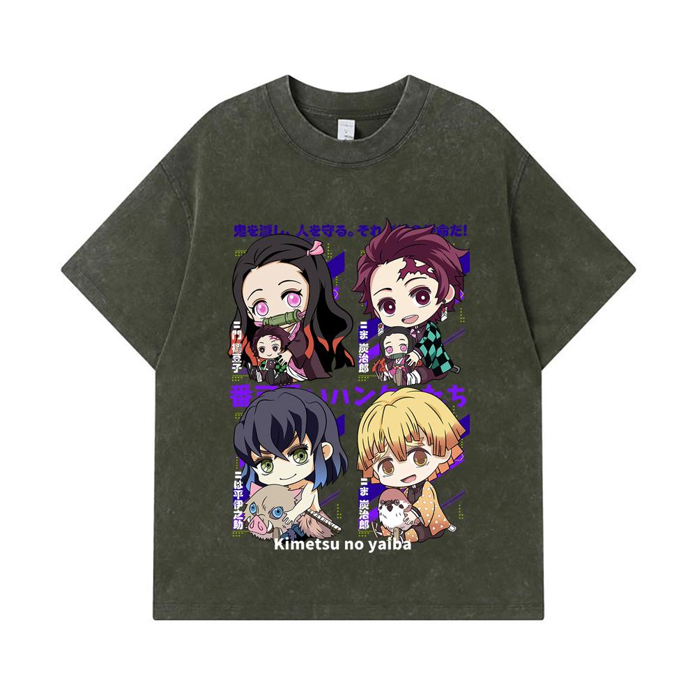 

275 GSM Washed T-shirts 100% Cotton Demon Slayer V80 Hashiras Chibi Print Unisex Heavy Cotton T Shirt S армия зеленый