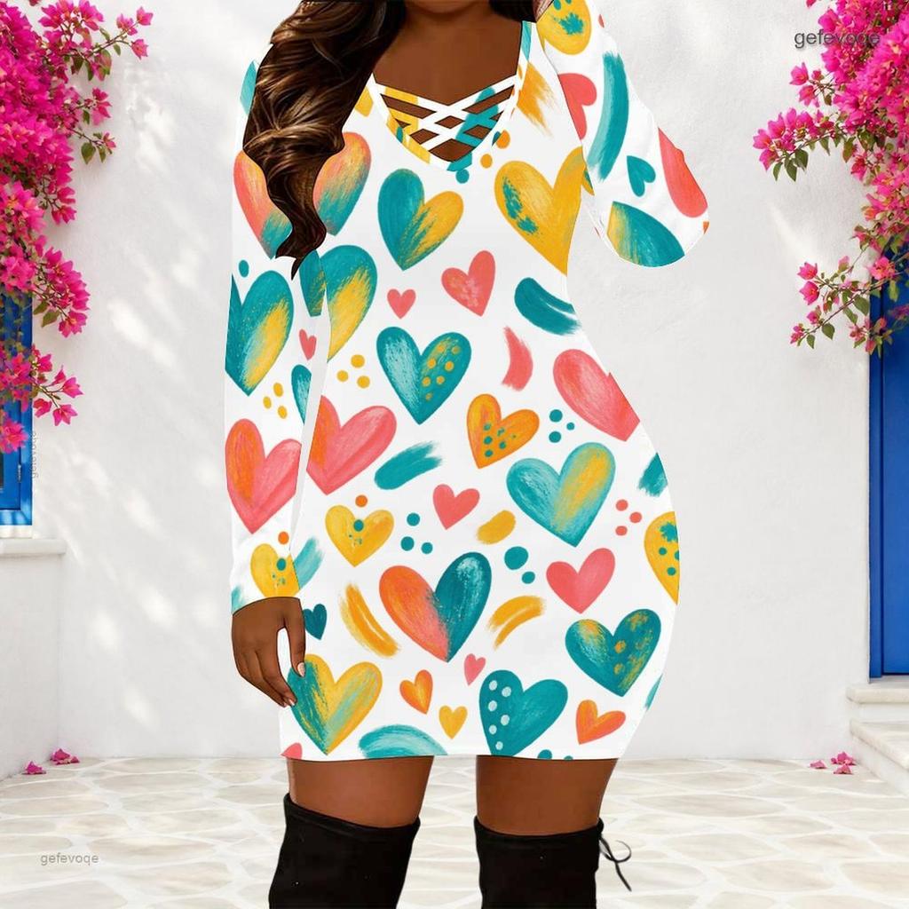 Women Plus Size Criss Cross V Neck Long Sleeve Playing Card Printed Bodycon Mini Dress