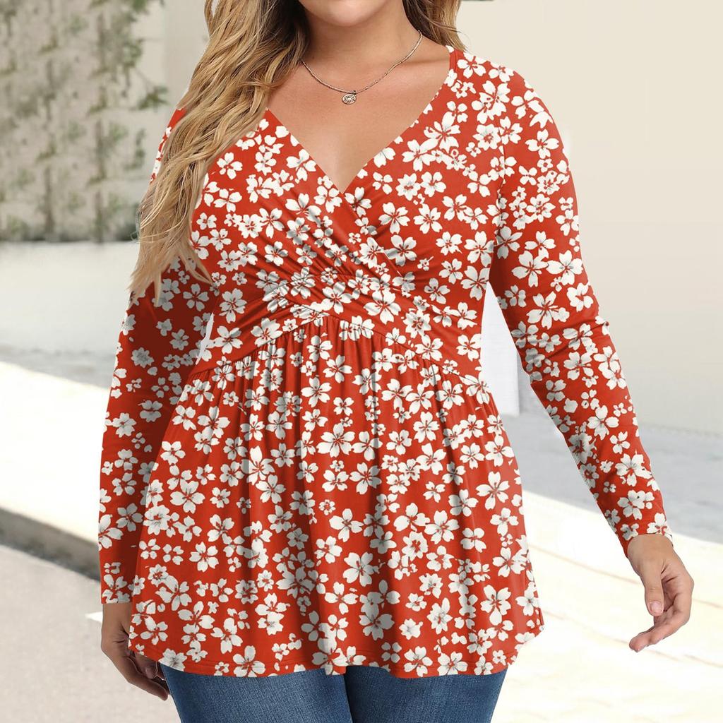 Dámská košile plus size s dlouhým rukávem, potisk, plisovaný ležérní top s výstřihem do V