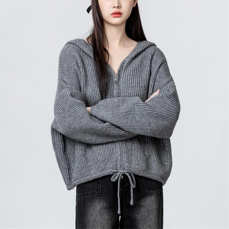 Hooded Sweater Jacket Women's Autumn and Winter New Lazy Style Loose Zipper Drawstring Short Knitted Cardigan Top