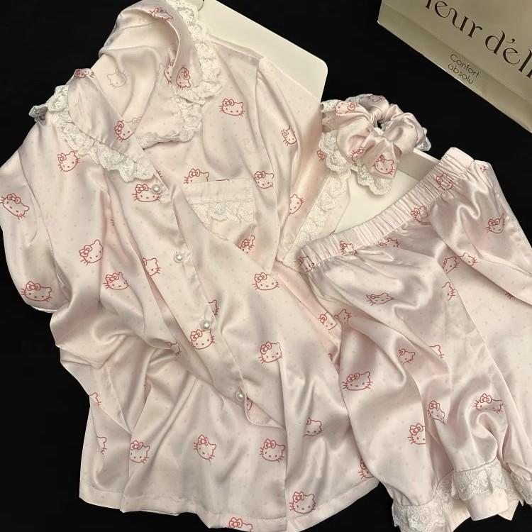ins style pink polka dot Hello Kitty pajamas women s summer lace short-sleeved shorts set loungewear S