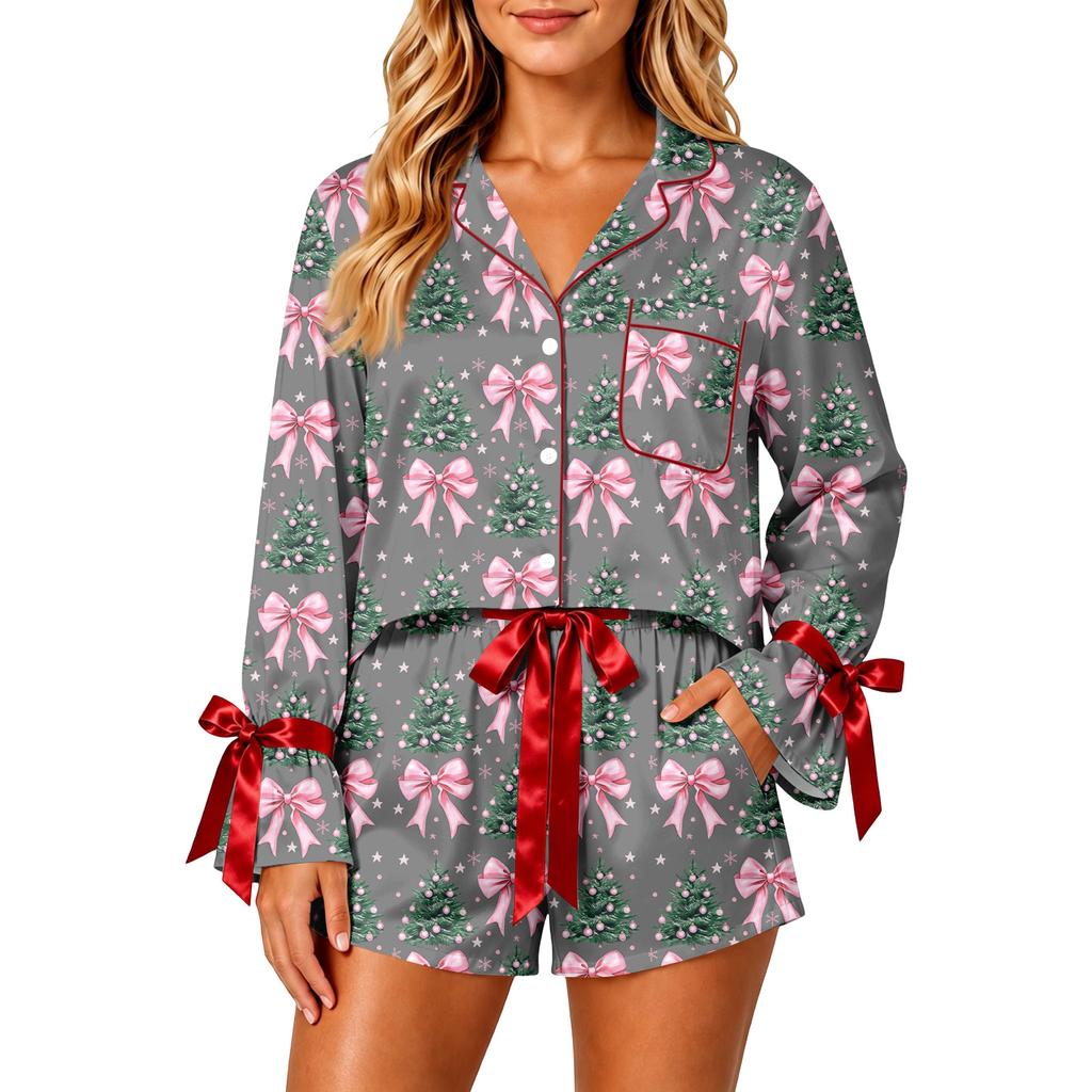 Women's Christmas Two Piece Pajama Set with Button Down Shirt and Shorts Sleepwear