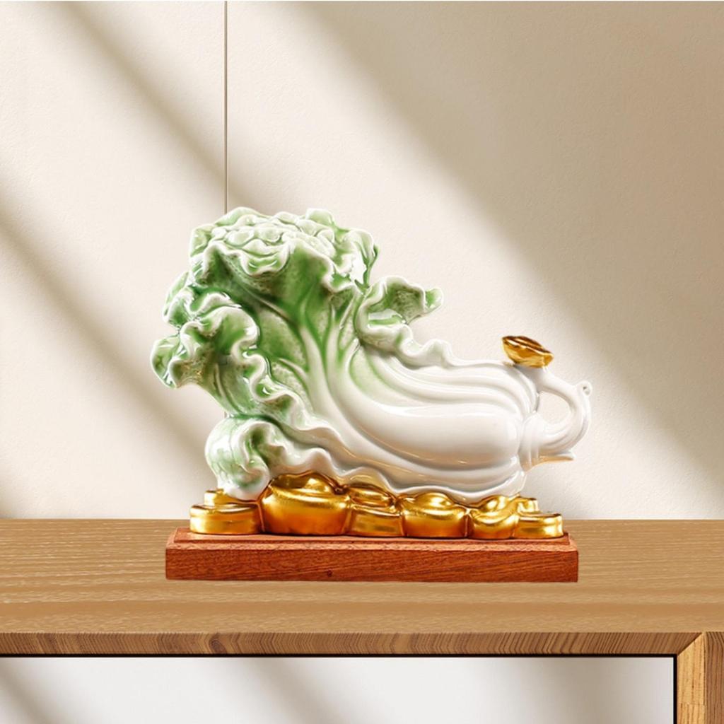 Keramik Glückskohl Skulptur Multifunktional für Büro- und Heimpräsentation Handgefertigt Traditioneller Holzständer Tischdekoration