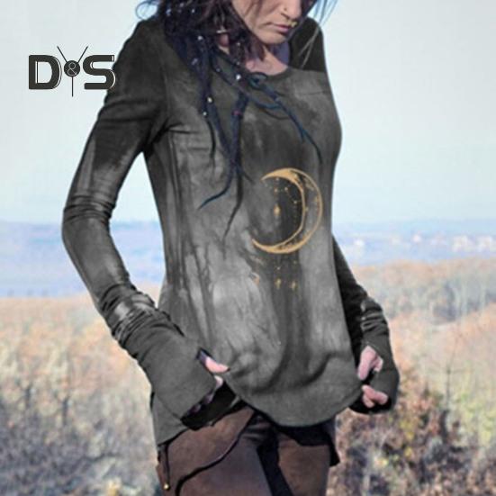 Damer Topper Rund Hals Langermet Månetrykt Skjorte Slim Fit Middels Lengde Elastisk T-skjorte Hverdagsklær