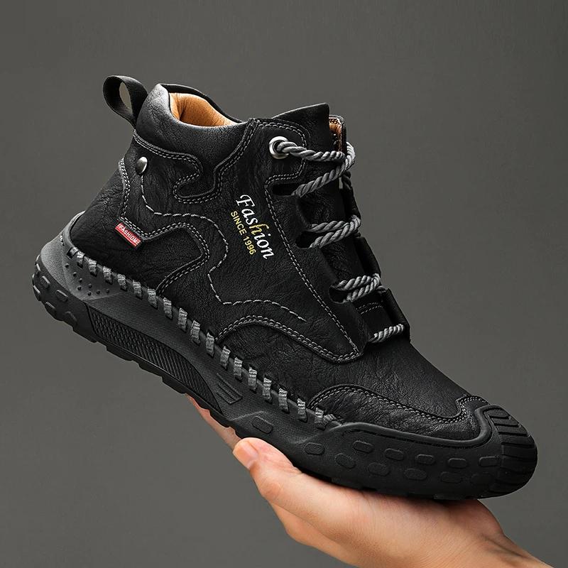 High Quality Genuine Leather Men Short Boots Handmade Mens Casual Shoes Outdoor Breathable Comfortable Man Walking Sneakers