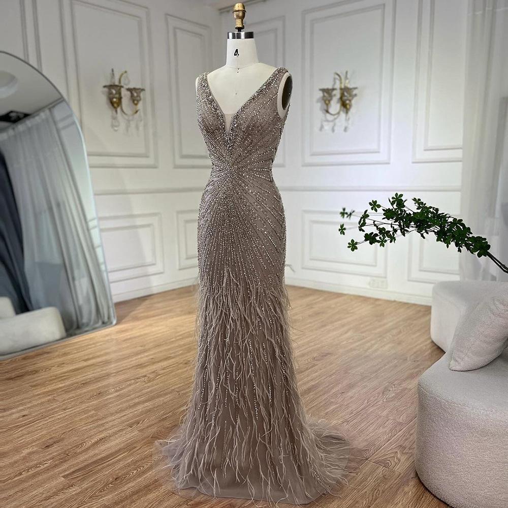 European and American luxury caramel color suspender beads fish tail high-end atmosphere host banquet evening dress LA11111
