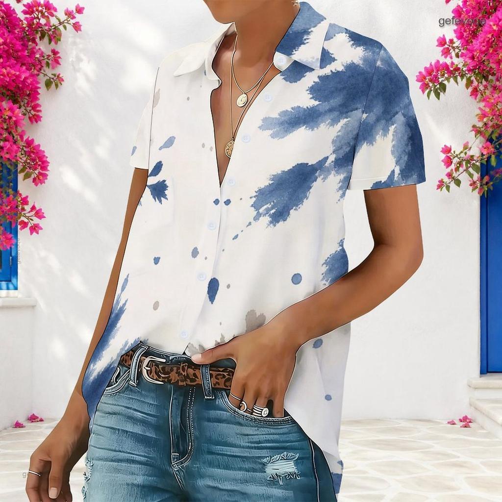 Women Plus Size Short Sleeve Button Up Shirt Watercolor Print Turn Down Collar Casual Loose Blouse For Summer Daily Office Wear