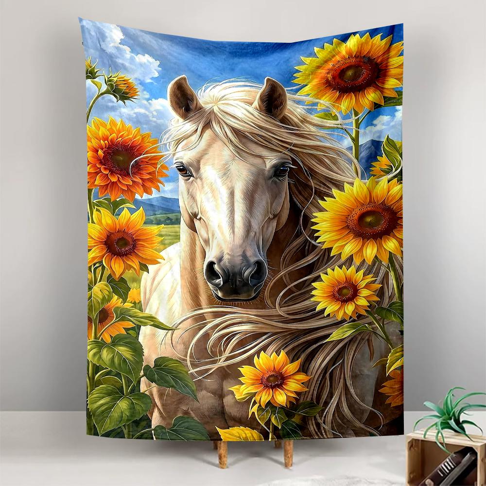 Golden Horse Among Sunflowers Patterned tapestry for bedroom and living room home decor