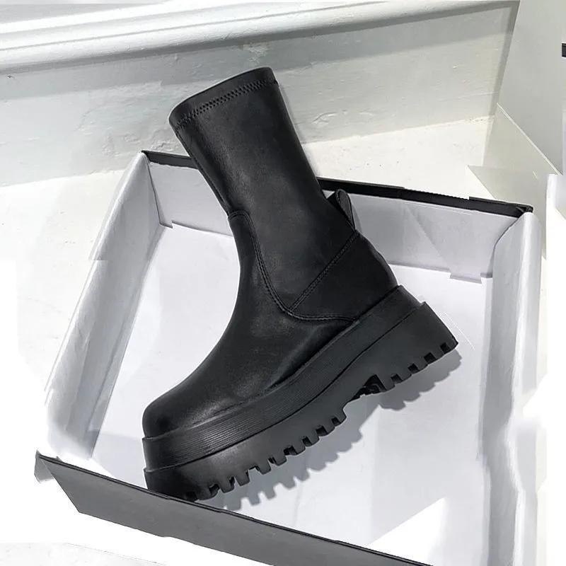 Fashion Ladies 2025 Women's Platform Chelsea Black Mid Calf Boots Pipe Autumn Winter Flat Short Leather Rubber Comfortable