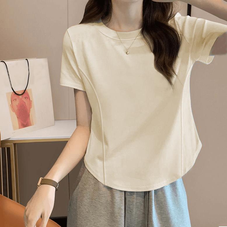 Women's Short Sleeve Tee O Neck Japanese Casual Top Cotton Curved Hem Seam Detail Slim Fit T Shirt