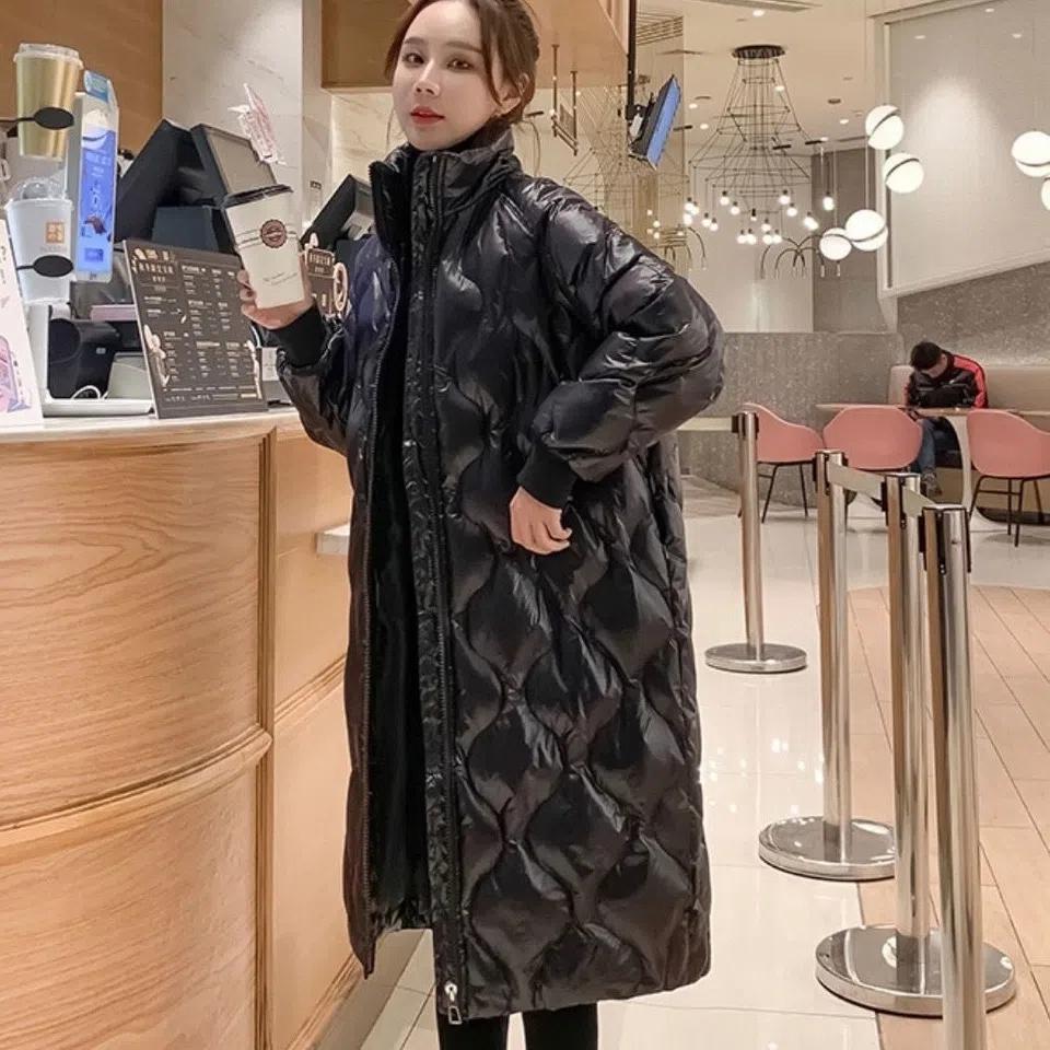 Down Padded Jacket Women's Mid-length Stand-up Collar Winter Korean Version Shiny Over-the-knee Padded Jacket Large Size Loose Solid Color Coats