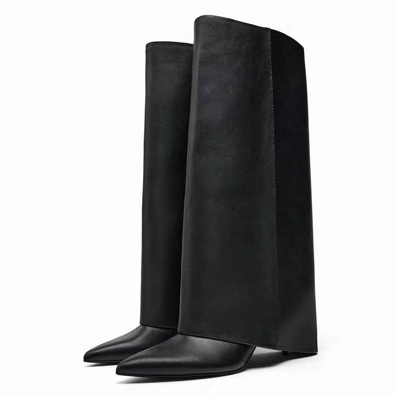 Fashion Women Chunky High Boots Pointed Toe Boots Fashion Leather Punk Chelsea Boots New Designer Pumps Knee High Woman Boot Botas Mujer