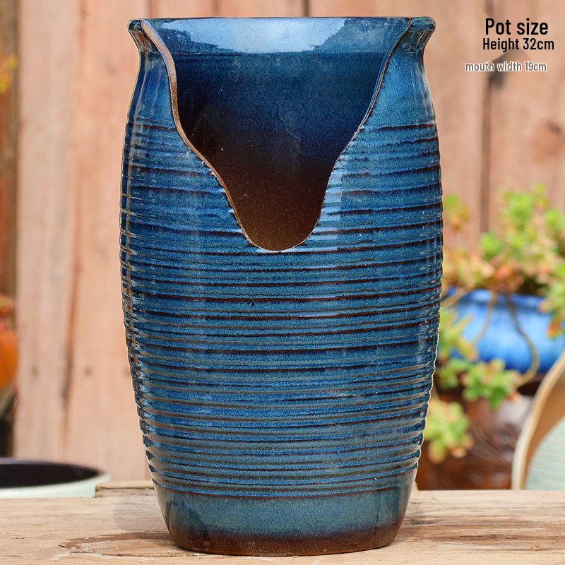 Large Handmade Coarse Pottery Succulent Flower Pot with Shallow Cut Opening