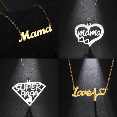 Lemegeton Mama Letter Necklace For Women Super Papa Mom Dad Pendant Stainless Steel Chain Choker Necklace Jewelry Mother's Day