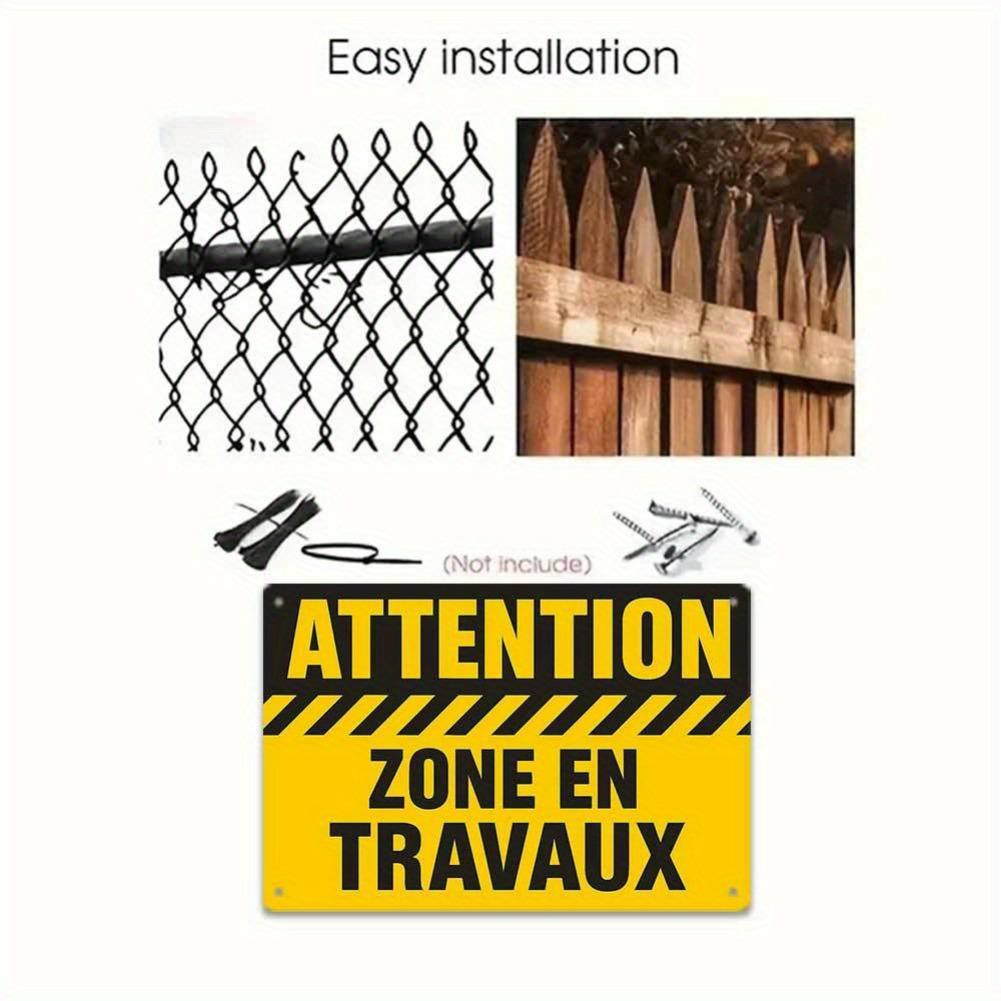Plano 2D, 1 peça Placa de Alumínio Francesa Vintage "ATTENTION ZONE EN TRAVAUX" para Decoração de Escritório, Impressão com Tinta UV, Durável