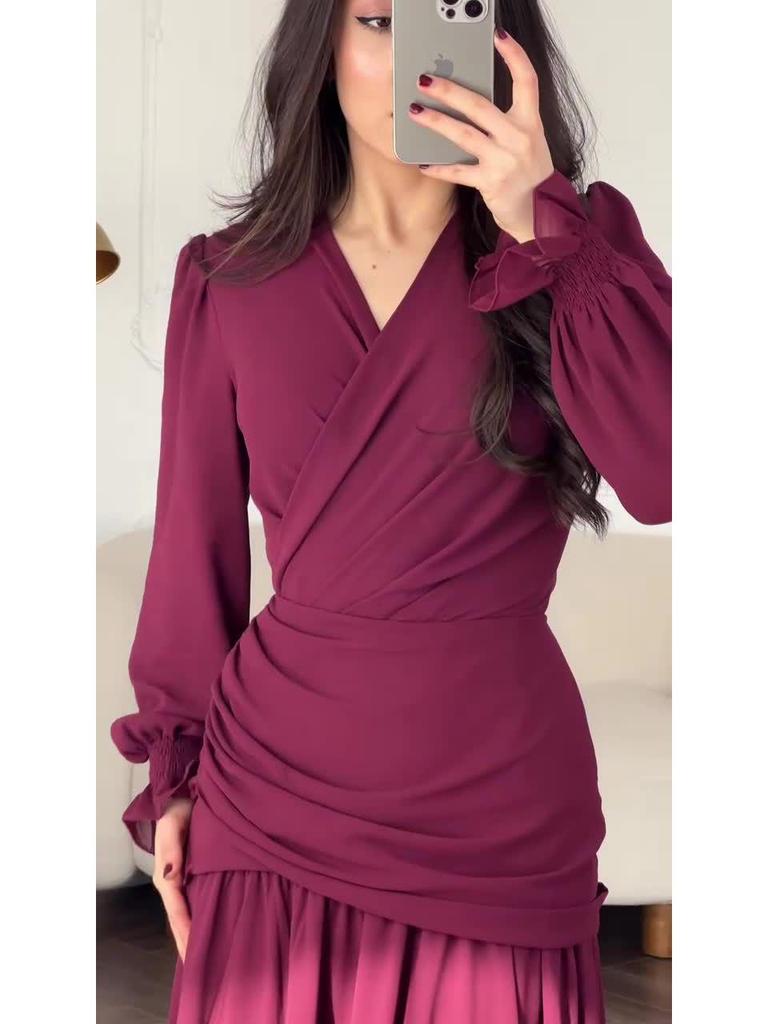 2025 European & American Style Chiffon Black Dress, Wine Red, Spring Collection