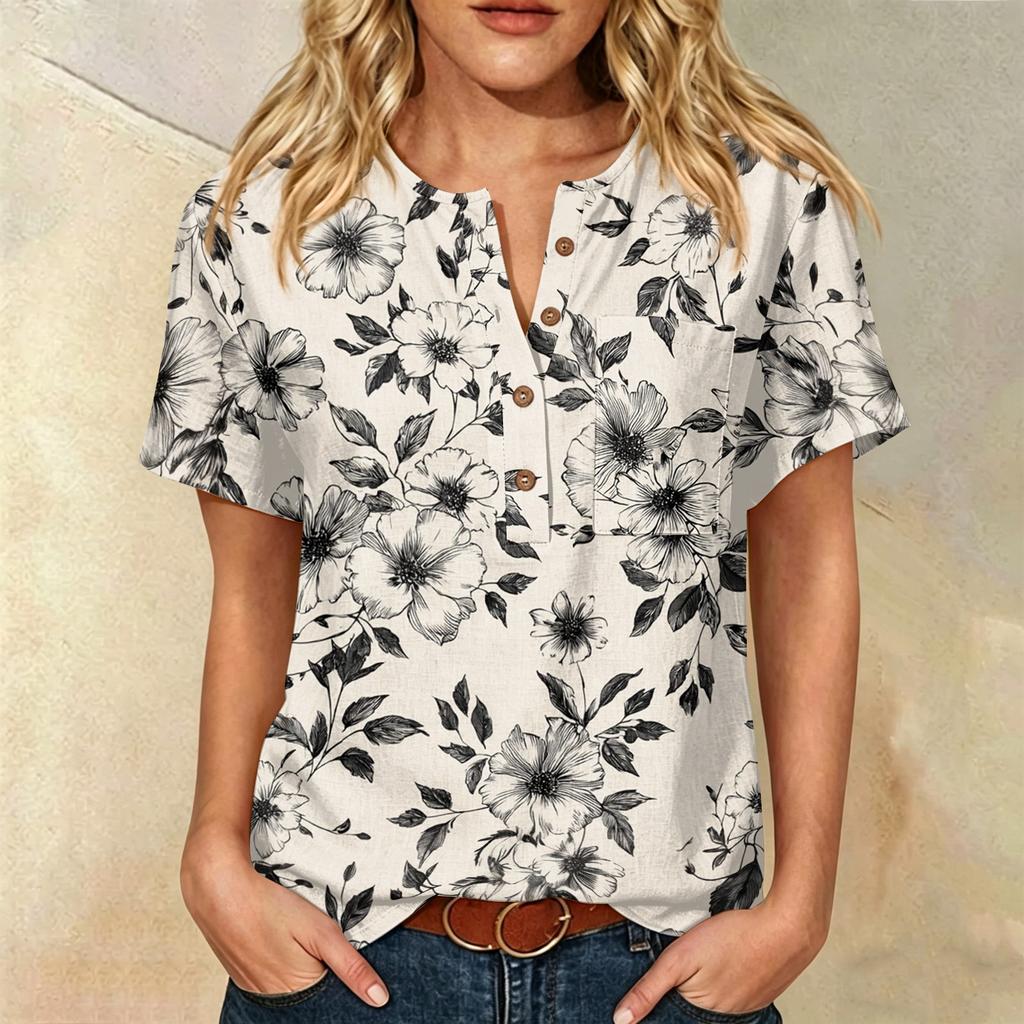 Damenmode Bedrucktes kurzärmeliges Baumwoll-Leinen-Henley-Shirt mit Knopfleiste und Brusttasche für Freizeitkleidung