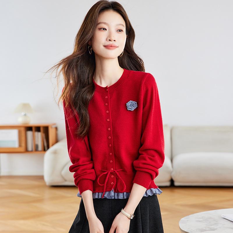 Herbst 2025 Damen Strickjacke: Schmale Passform, Zweiteiliger Spleiß-Look